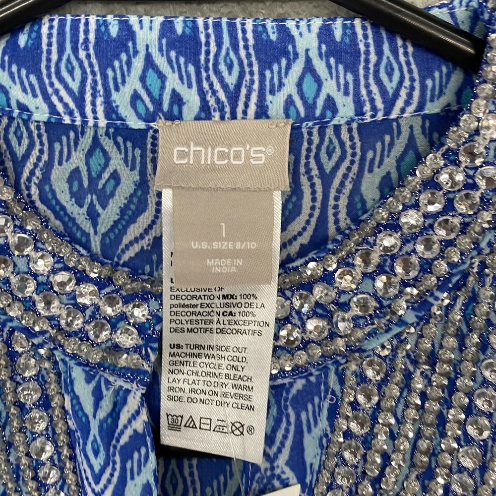 Chicos Beaded Tunic Top Womens 1/M Blue Geometric Sheer Embellished 3/4 Sleeve - Picture 6 of 16